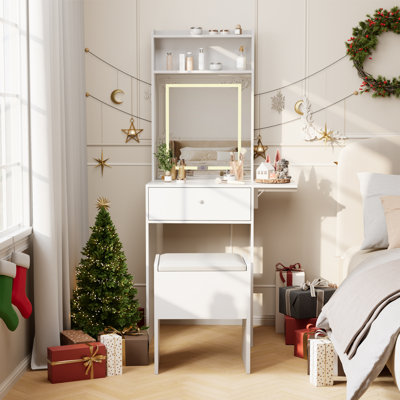 Bureau de coiffeuse blanc moderne avec miroir à DEL et panneau pliable, tabouret de rangement et tablettes ouvertes - Coiffeuse compacte pour chambre à coucher, blanc