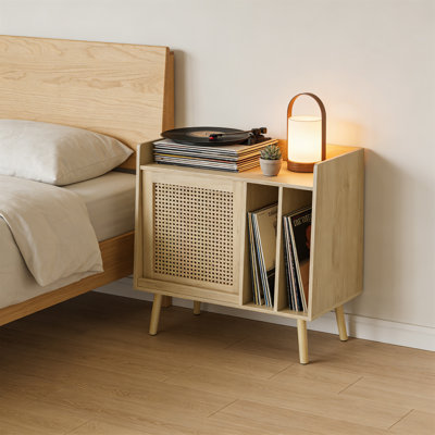Record Player Stand With Vinyl Storage, Turntable Stand & Record Player Table With Storage Shelf & Rattan Cabinet Door