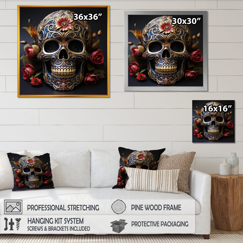 Art floral crâne mexicain doré II - art mural crâne pour le salon, Toile tendue, H 36 po x l 36 po x P 1,5 po