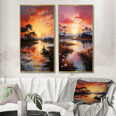 «Lakeside Sunrise Tranquility - Lake River», ensemble de 2 reproductions d'art sur toile