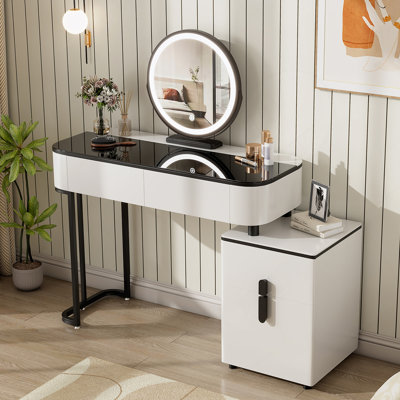 Modern Vanity Table With Tempered Glass Top, Adjustable Height Legs, And Round Mirror