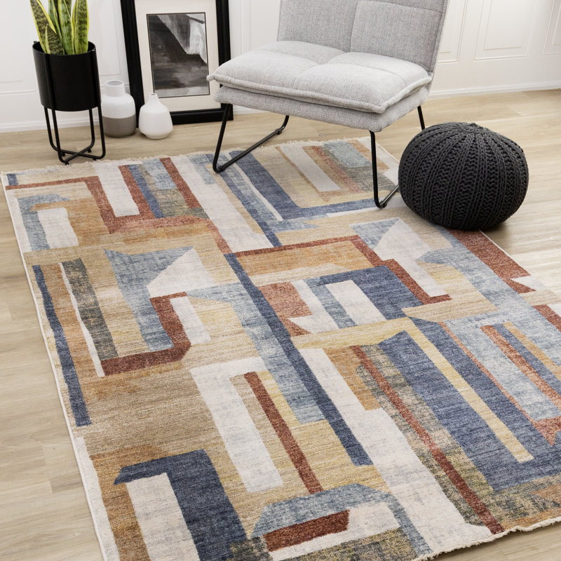 Maythel Red Yellow Blue Modern Abstract Area Rug, Rectangle 7'10" x 10'2"
