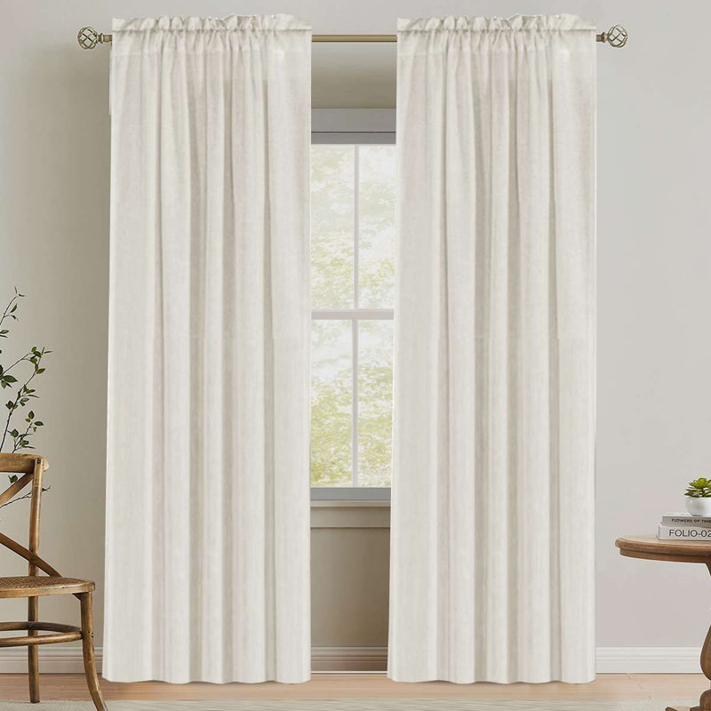 Linen Rod Pocket Curtains for Living Room 2 Panel Pocket Drape Semi Sheer Neutral Country Rustic Farmhouse Boho Curtain Bedroom Light Filtering