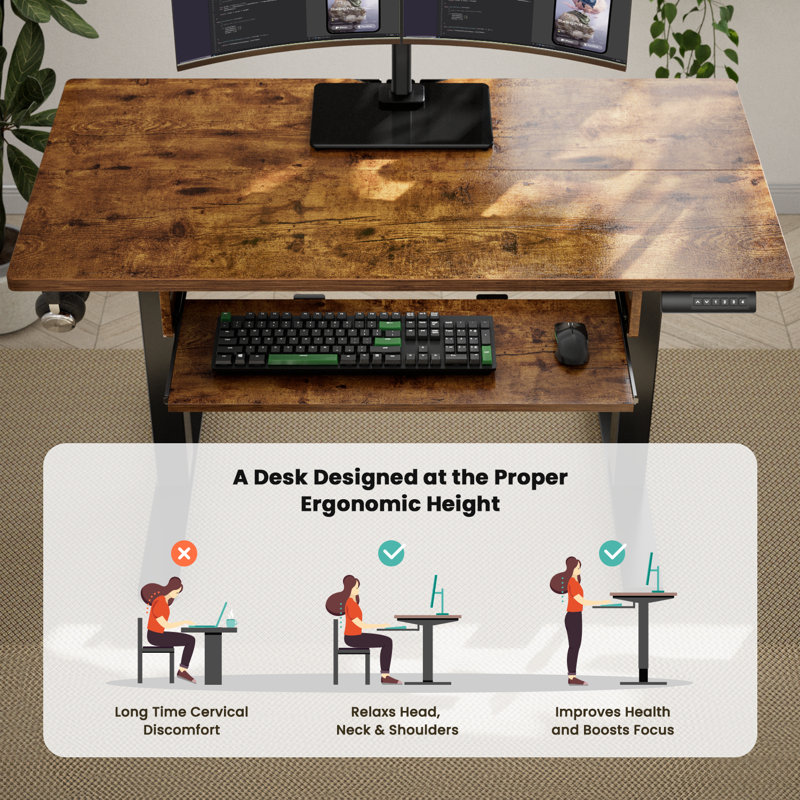 Bureau de travail électrique à hauteur ajustable avec plateau pour clavier Lilja, Beige, H 27,5 po x l 48 po x P 24 po