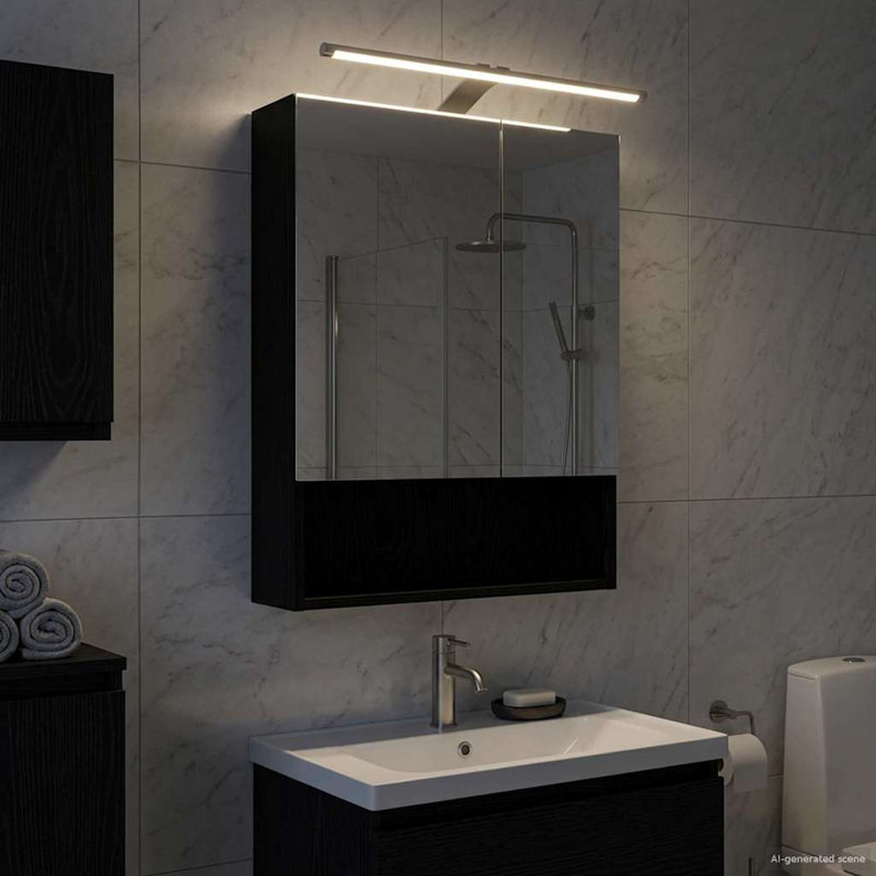 Mirrored Bathroom Cabinets with Mirror and 2, 70cmH x 50cmW x 14.5cmD, Black Oak