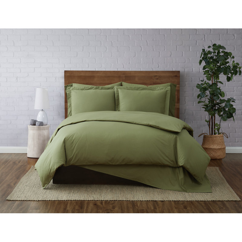 Ensemble de housse de couette 100% coton percale Jededian, Housse de couette lit simple TG + 1 taie décorati, Vert olive