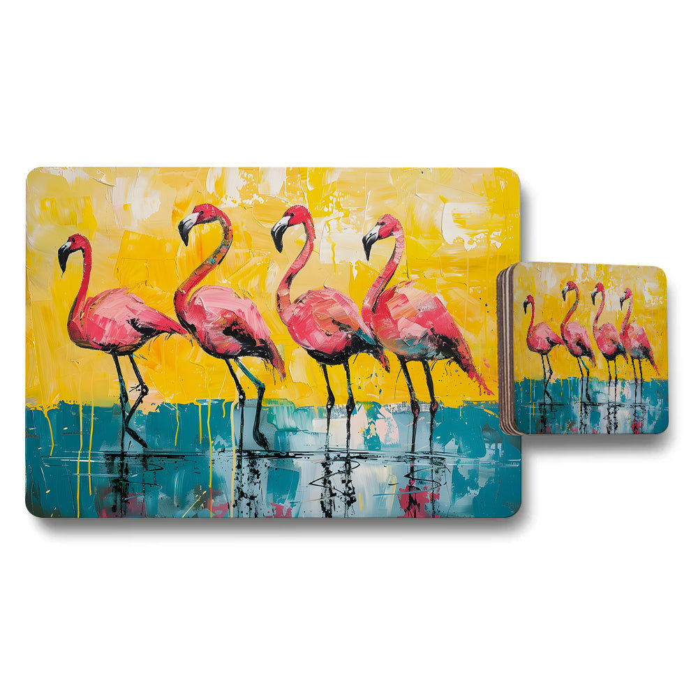 Flamingo Art Placemats And Coaster Set Tropical Pink Birds Design