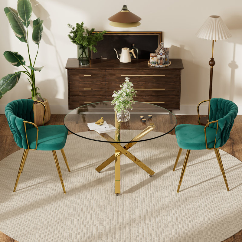 Ensemble repas rond, 3 pièces: table, 2 chaises, Vert, Doré