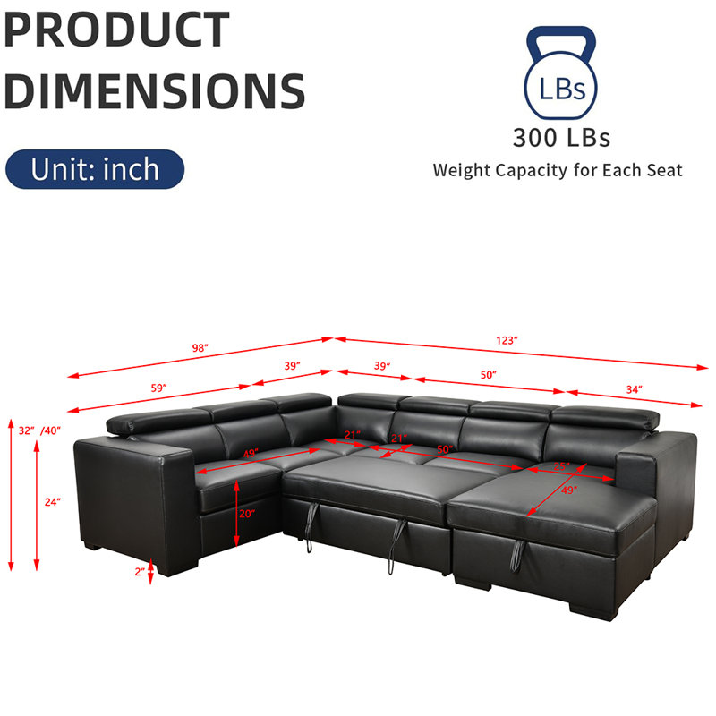 Canapé modulaire rembourré 3 pièces Vandiver, Similicuir noir