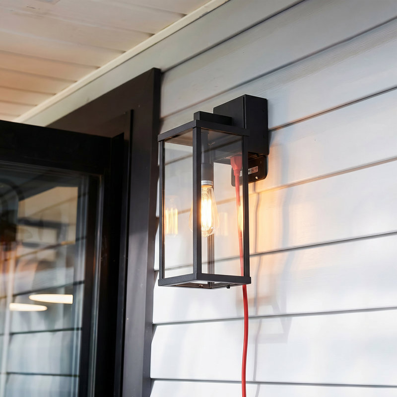 Classic 18'' H 1-Light Outdoor Wall Sconce with Built-in GFCI Outlet, Black Rectangular Metal Frame with Clear Glass Shade, Weatherproof