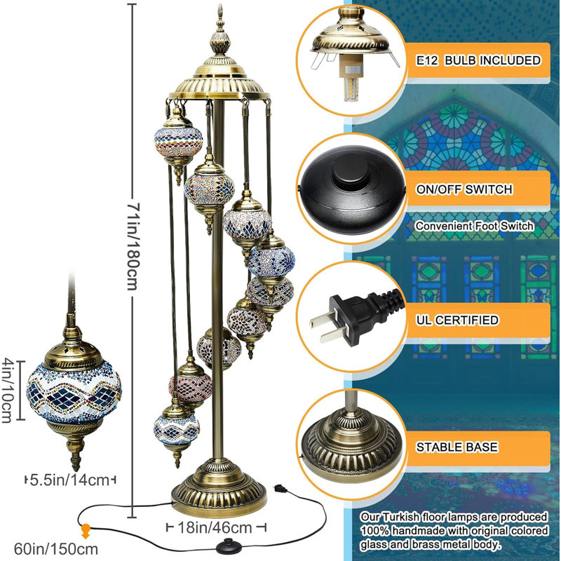 Handmade Turkish Moroccan Floor Lamp With 9 Globe Design, Bohemian Standing Lighting For Home Decor, Living Room, And Gift Ideas