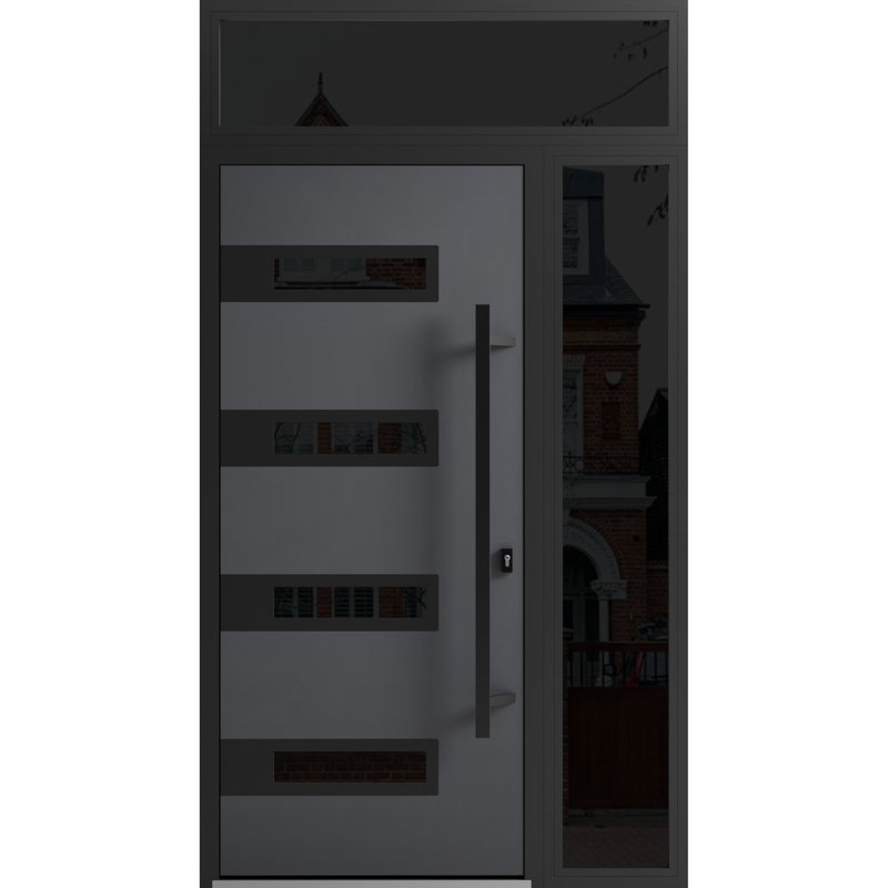 Façade avant en acier pré-suspendue / gris Ronex 0131 / fenêtre extérieure latérale et supérieure en métal / entrée en métal peint moderne l 36 po x H 80 po + 16 po à gauche