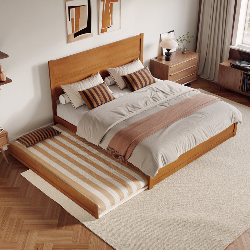 Aveline Wood Platform Bed with Footboard & Trundle, Light Toffee, King