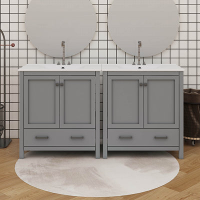 60-Inch Stylish Bathroom Vanity Set Boasting Dual Vanities Twin Ceramic Sinks And Segmented Drawers