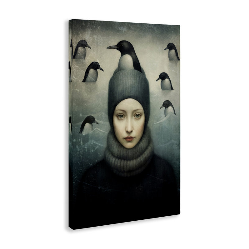 "Peeking Penguins & Woman", art mural sur toile par Paula Belle Flores, H 45 po x l 30 po