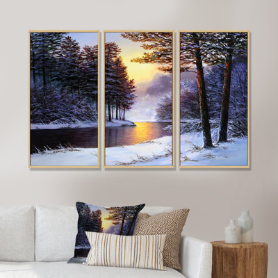 «River and Forest In Winter Sunset», ensemble de 3 reproductions d'art encadrées sur toile