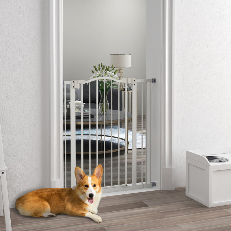 Pressure Mounted Pet Gate With Door, White, 94" H x 87" W x 3.5 " D