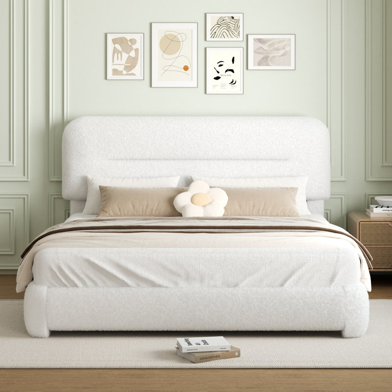 Haden Lambswool Boucle Upholstered Platform Bed Frame with Adjustable Headboard, Queen, White