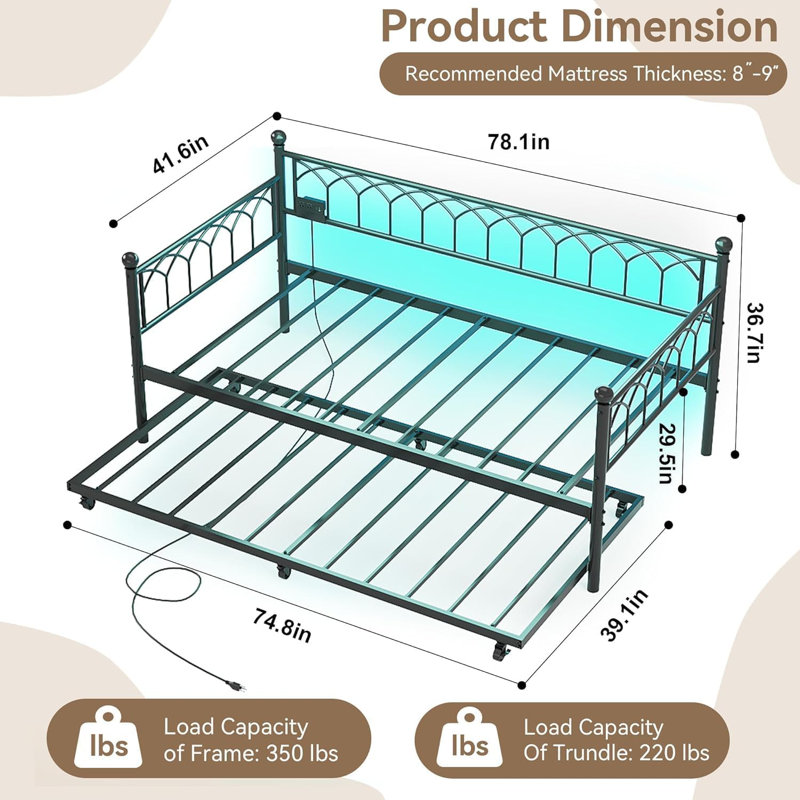 Twin Size Metal Daybed with Trundle, LED Lights & Charging Station, Modern Sofa Bed Frame with Steel Slats for Bedroom, Living Room or Guest Room