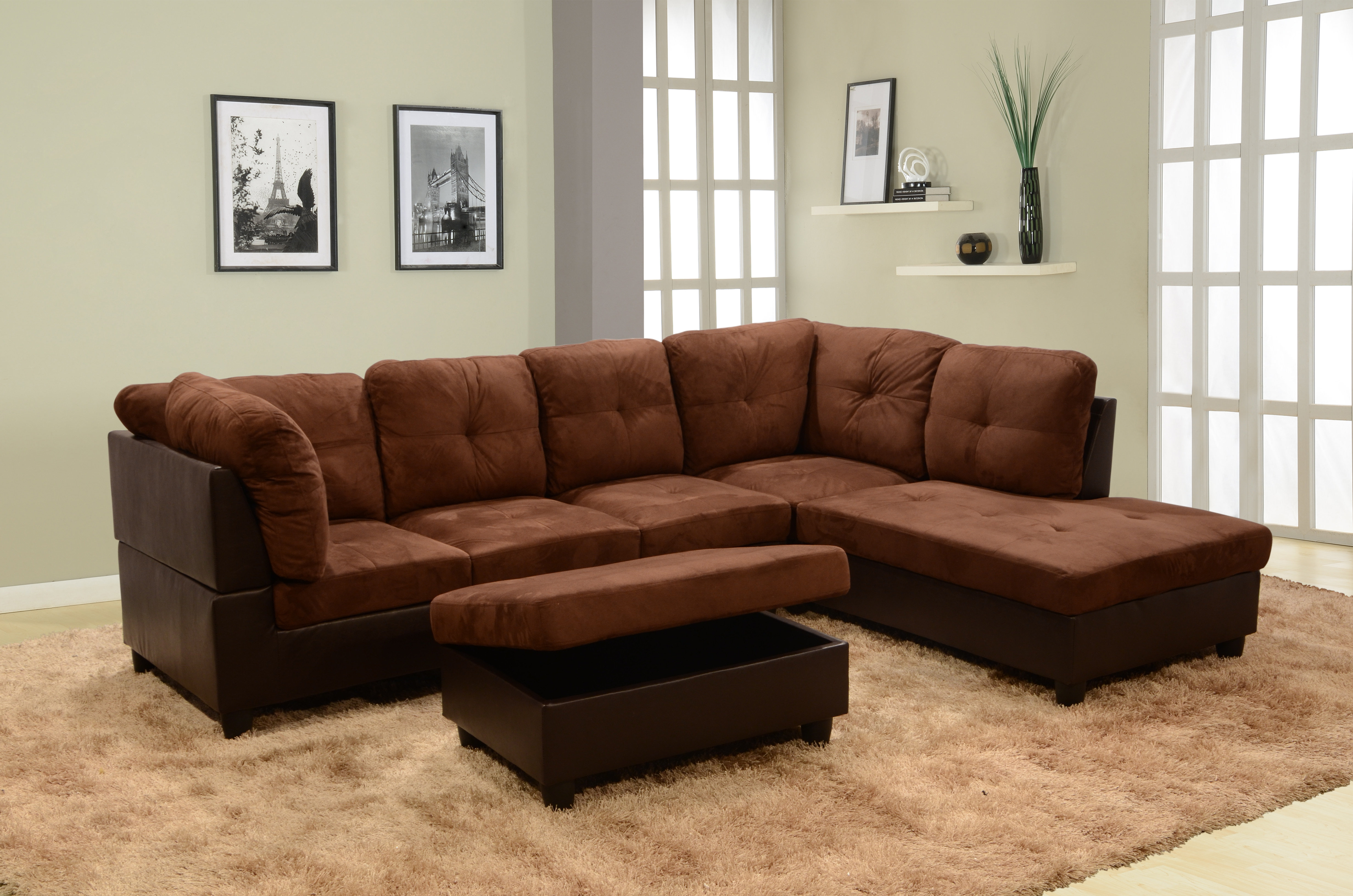 Brown sectional with chaise deals and ottoman