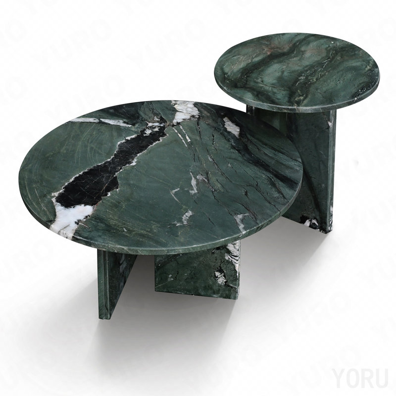 Ensemble de tables basses gigognes en marbre naturel vert (2 pièces) - Centre de table rond en pierre moderne