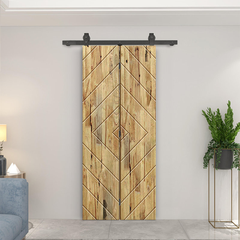 Porte de grange pliante en bois de pin teinté avec quincaillerie coulissante, 34" x 80", Chêne vieilli