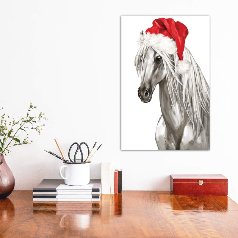 «Christmas White Horse» par Big Nose Work - impression d'art graphique, H 12 po x l 8 po x P 0,75 po, Toile tendue