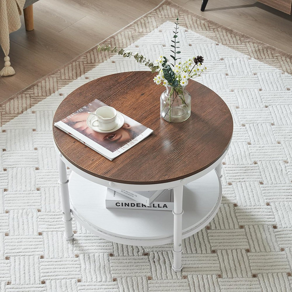 Lark Manor™ 25.6" Rustic Oak White Round Farmhouse Coffee Table, 2-Tier ...