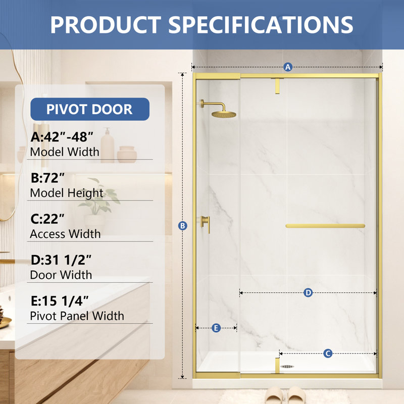 Porte de douche pivotante en aluminium brossé de 42 à 48 po x H 72 po en or brossé avec verre trempé transparent de 1/4 po, longueur réglable