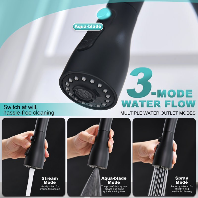 Single-Handle Pull-Down Kitchen Faucet with Deck Plate, 3-Function Spray Head, and 360-Degree Swivel Nozzle, Matte Black