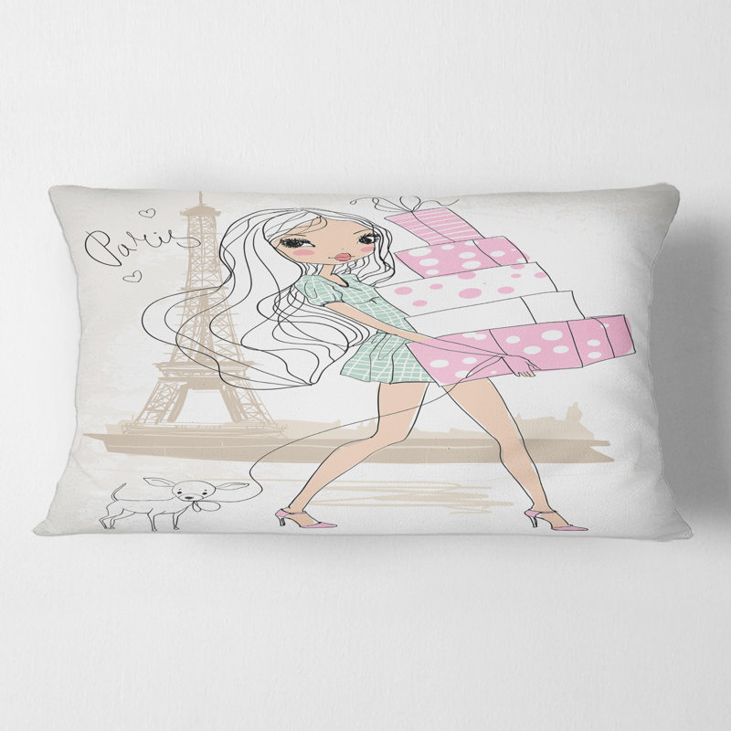 Rectangle, jeune fille avec des boîtes de magasinage à Paris - Coussin décoratif imprimé Shabby Elegance