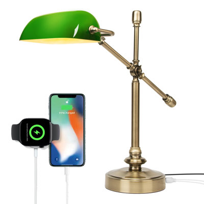 Lampe de bureau à bras pivotant réglable avec ports de charge USB-A et Type-C, lampe de table rétro à intensité variable avec abat-jour en verre vert, lampe de lecture en laiton antique pour bureau