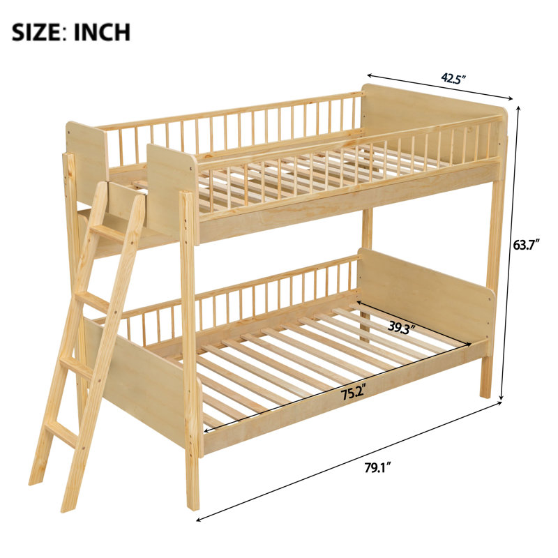 Twin Size Wooden Bunk Bed with 3 Storage Shelves, Adjustable Ladder, Natural, Natural