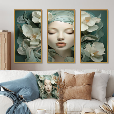 Femme verte et blanche avec une fleur sur le visage I - mode femme, art mural