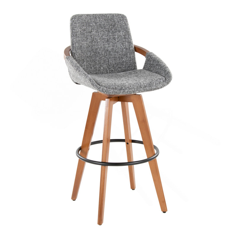 Tabouret de bar 29 po à hauteur fixe avec pivotant en bambou et tissu silencieux avec repose-pieds rond en métal noir, Gris