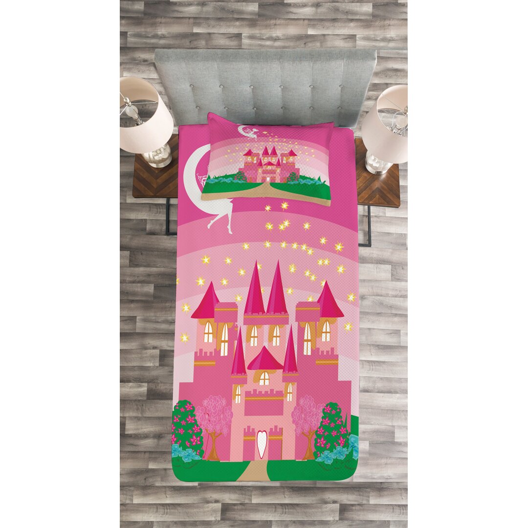 Gestepptes Bettdecken-Set, Märchen-Schloss-Prinzessin, Zauber, Grün Rosa