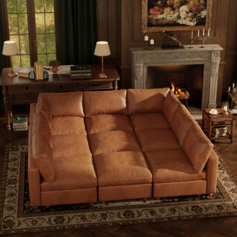 99" Leather Upholstered Sectional Sofa with Hidden Storage, CAMEL, 7Seaters-2s