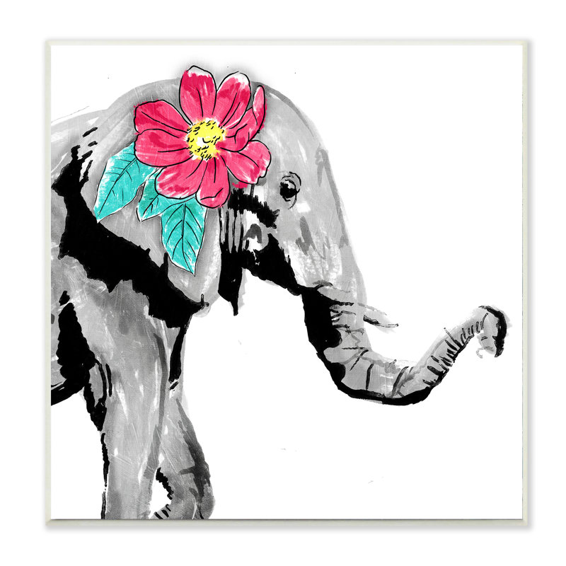 «Elephant with Floral», impression, H 12 po x l 12 po, Plaque murale