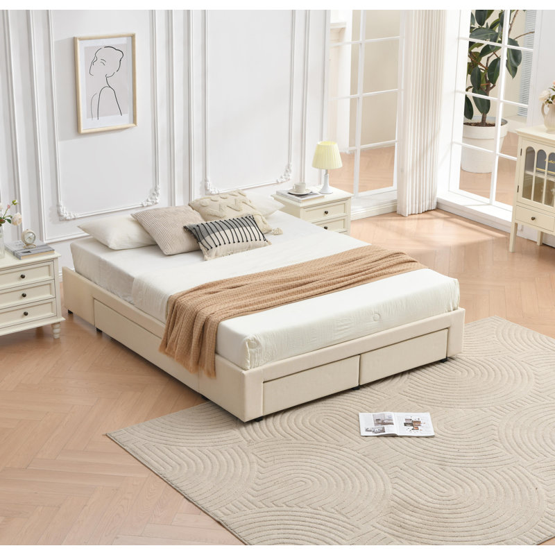 Lit plateforme avec rangement 4 tiroirs, Beige, Full / Double