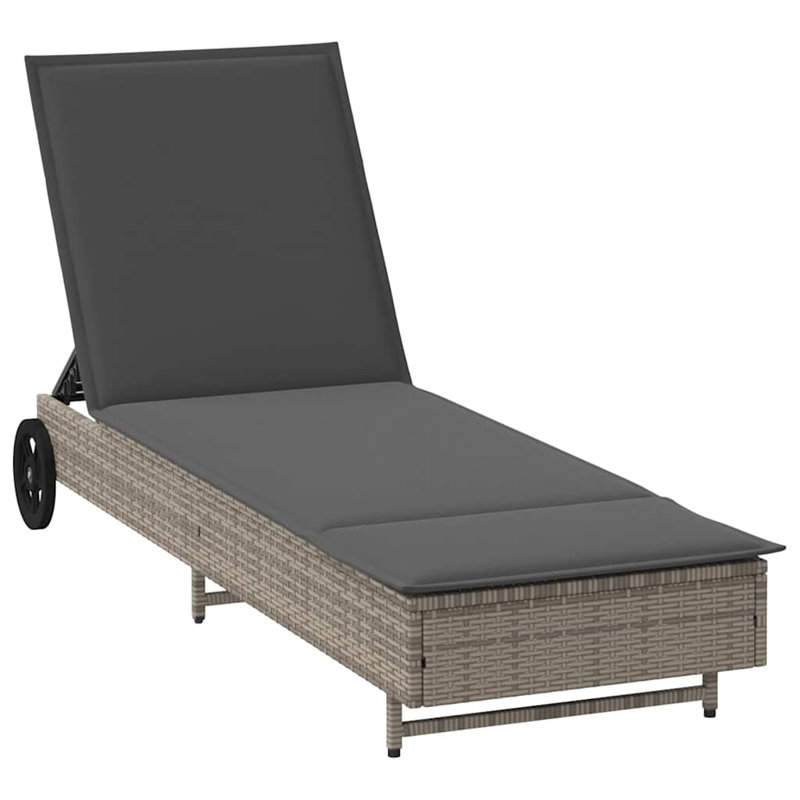 Chaise longue avec roulettes et coussin en poly rotin, Crème / blanc, Noir
