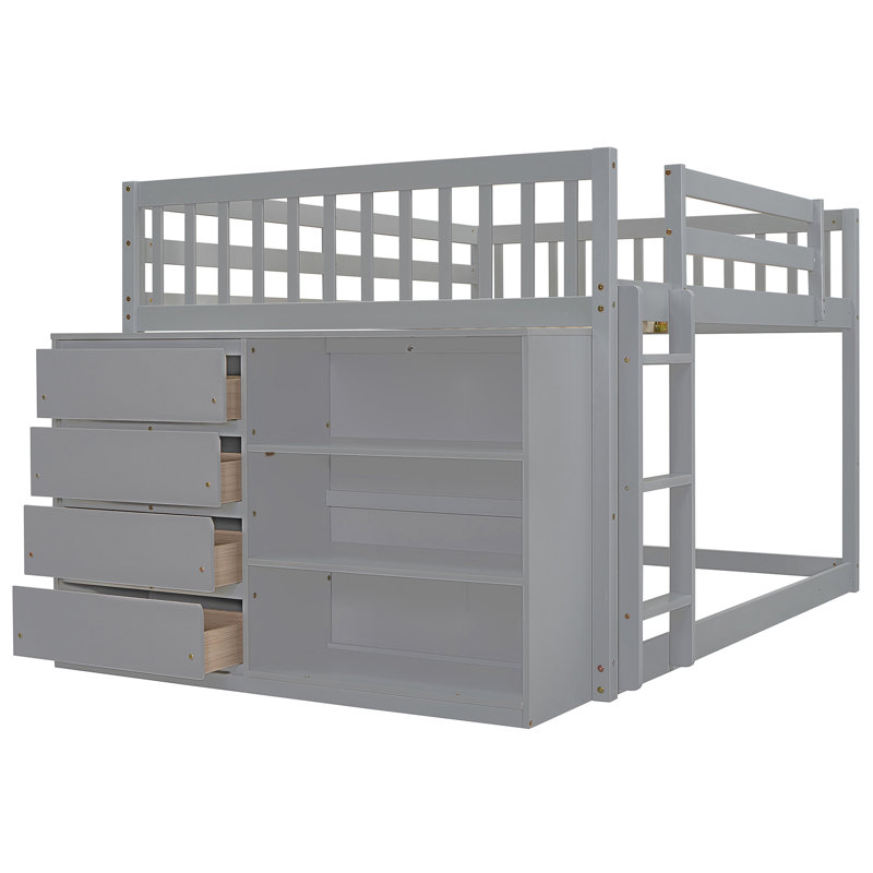 Lit double superposé au-dessus gris avec rangement pratique, structure en bois massif, idéal pour l'organisation de la chambre à coucher et le style 4 tiroirs et 3 tablettes, pin fonctionnel