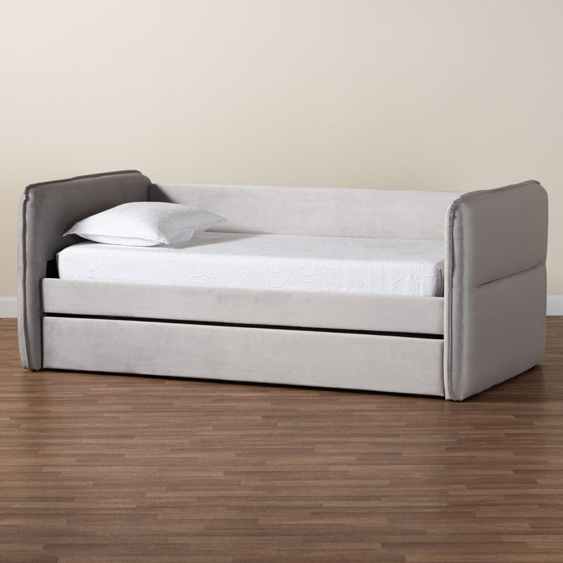 Alishia Baxton Studio Finch Modern Light Grey Velvet Fabric Twin Size Daybed With Trundle, Full