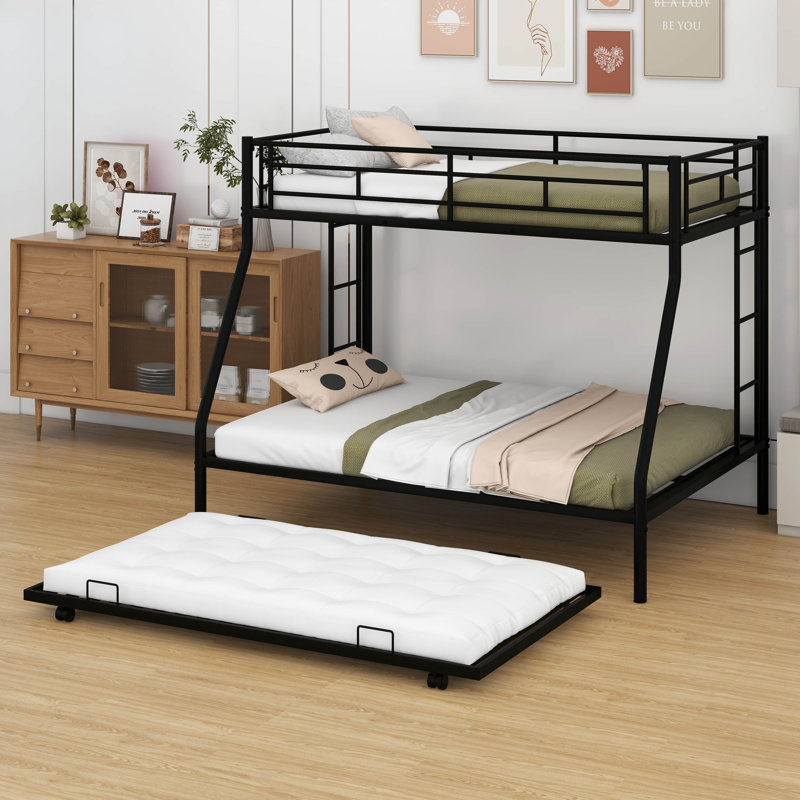Lit superposé simple au-dessus d'un lit double en métal robuste avec lit gigogne, garde-corps et 2 échelles, Noir