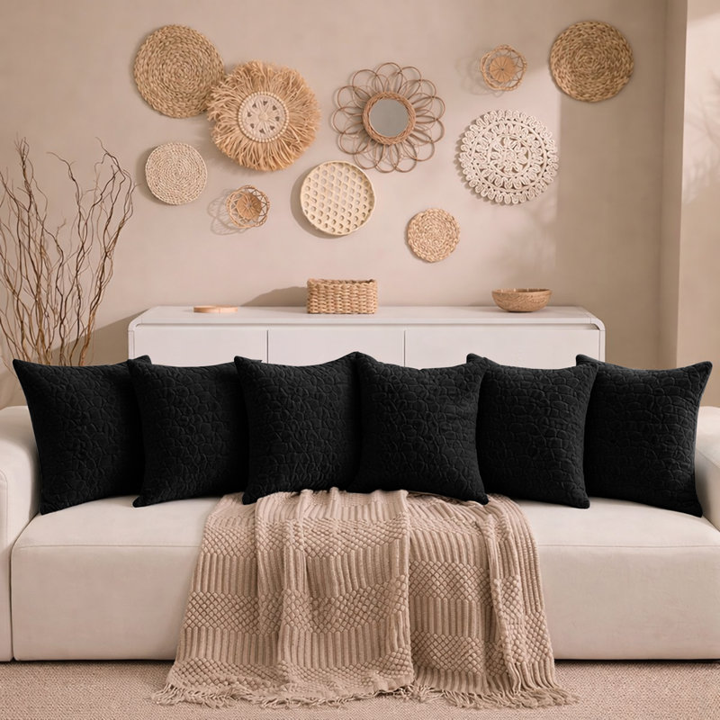 Aspire Homeware Geometric Square Velvet Cushion Covers, Black, Pack of 6