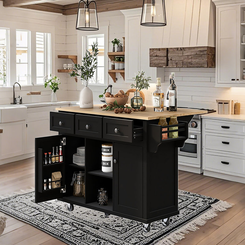 Rolling Kitchen Island Cart with Drawer and Storage Cabinets, Black