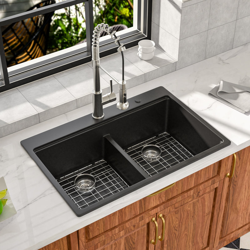 Quartz 33" X 22" Granite Composite Workstation Sink Quartz Drop In Low Divider 50/50 Double Bowls Kitchen Sink, Black