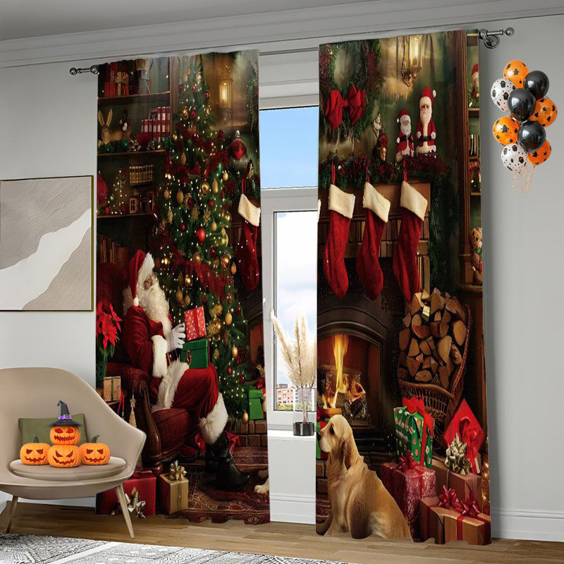 2Pcs Christmas Santa Claus Fireplace Curtains, Festive Holiday Window Drapes with Dog Decor, Xmas Stocking Printed Treatment for Living Room Bedroom Kitchen Home, Red Green Gold