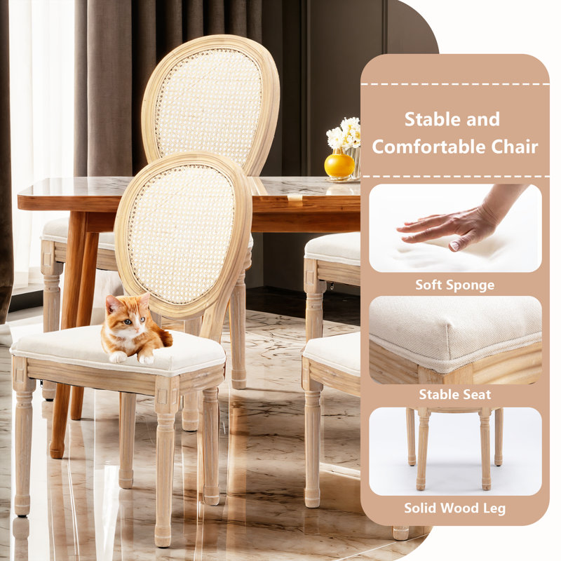Beige Upholstered Cane Back Wood Side Chair Set