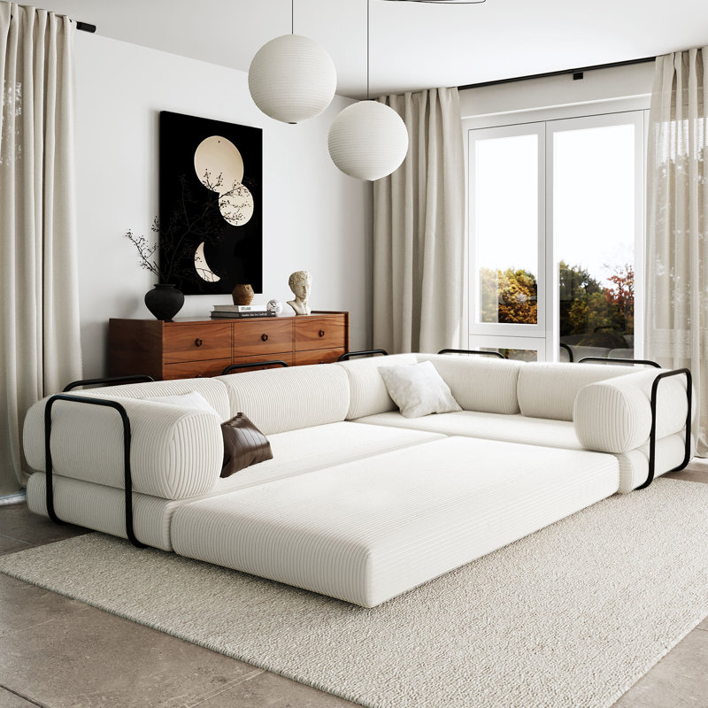 Cniyah Convertible Boneless L-Shaped Corduroy Sectional Sofa Bed, Beige Polyester
