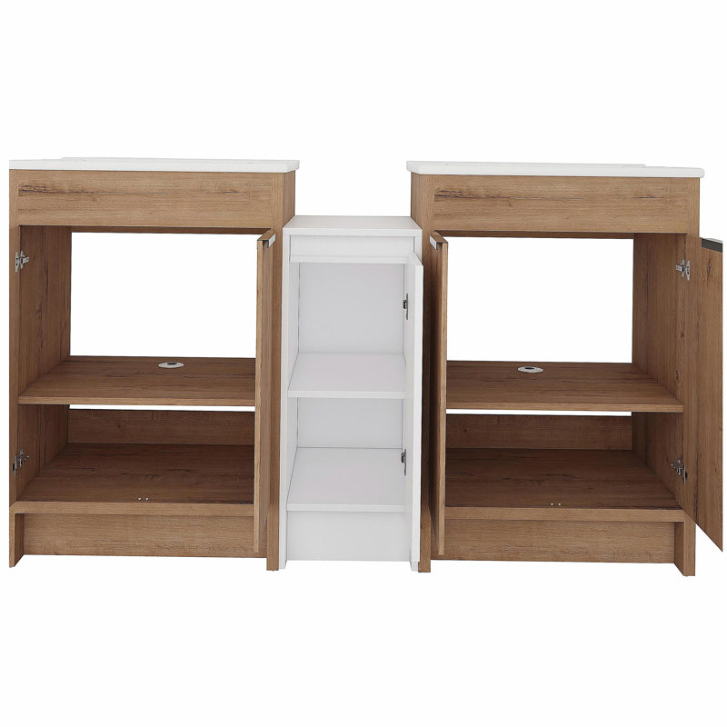 Armoire de salle de bain indépendante avec lavabo en céramique et armoire de rangement, porte à fermeture en douceur